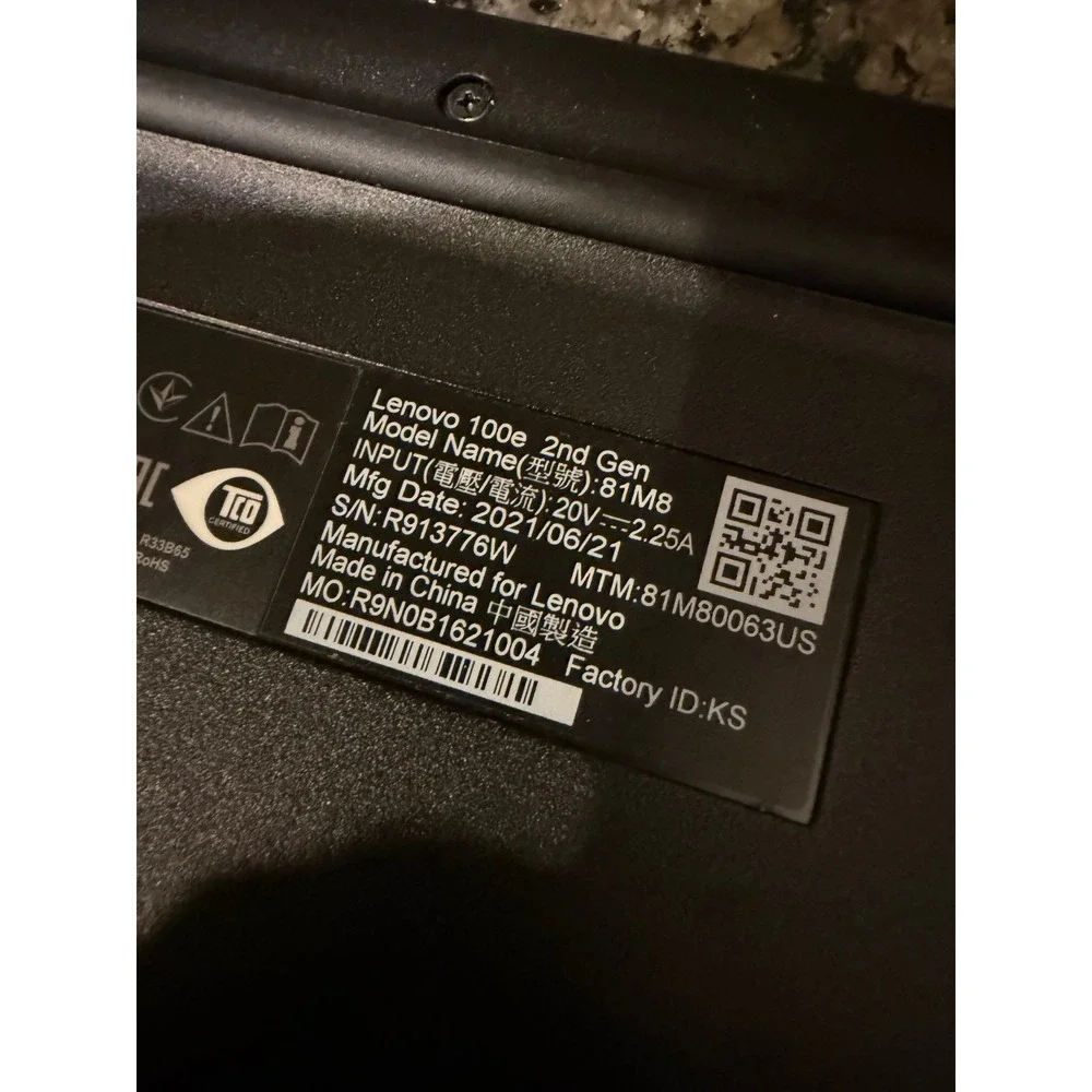 Lenovo 100e 2nd Gen 81M8 Intel Laptop Black For Parts Repair Only No Cord